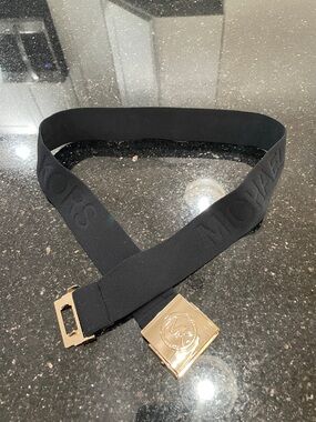 Michael Kors Women's Logo-Print Stretch Belt Black with Gold MK Buckle